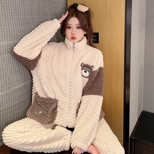 朵弦 DUOXUAN珊瑚绒睡衣女士秋冬季加厚韩版大码200斤拉链可外穿法兰绒家居服 m6622# 均码 m码 80-100斤