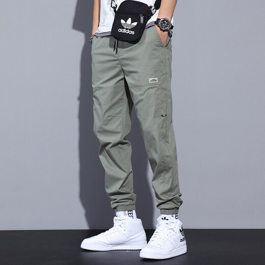 雀里冰丝休闲裤男宽松束脚裤子男夏季工装哈伦男裤运动九分裤薄款男装 浅绿色 29