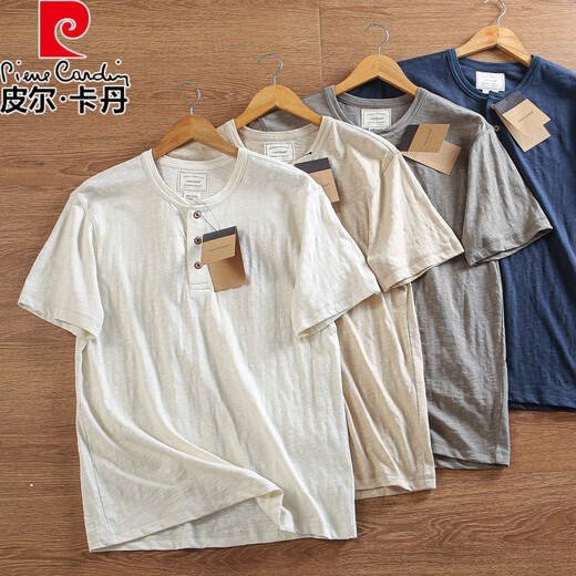 
Pierre cardin single bamboo joint cotton + linen summer men's thin breathable solid color Henry neck tough guy casual short-sleeved T-shirt beige L