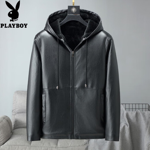 Playboy 2025 Autumn and Winter New Haining Spring and Autumn Leather Jacket Men's Hooded Leather Jacket for Young and Middle-aged Men's Velvet Thickened Jacket Black Velvet M 52