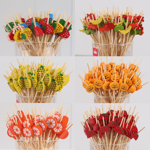 Oukehong disposable fruit picks, boutique bamboo flower picks, fruit forks, creative art toothpicks, cocktail picks, sandwich fruit picks, 12cm log beads, 200 pieces