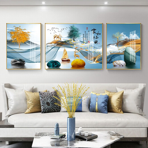 Mo Painting Lulin Modern Simple Living Room Decoration Painting New Chinese Sofa Background Wall Mural Landscape Painting Hall Triangle Landscape Painting 2-Home Harmony All-in-One 12107 Mirror Crystal Porcelain Middle 100*70 Side 50*70 Gold Frame