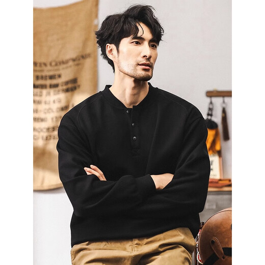 Zeken American retro heavyweight velvet sweatshirt men's trendy Henry collar half cardigan jacket men's autumn and winter casual long-sleeved black XL (weight 145-160Jin Jin equals 0.5 kg)