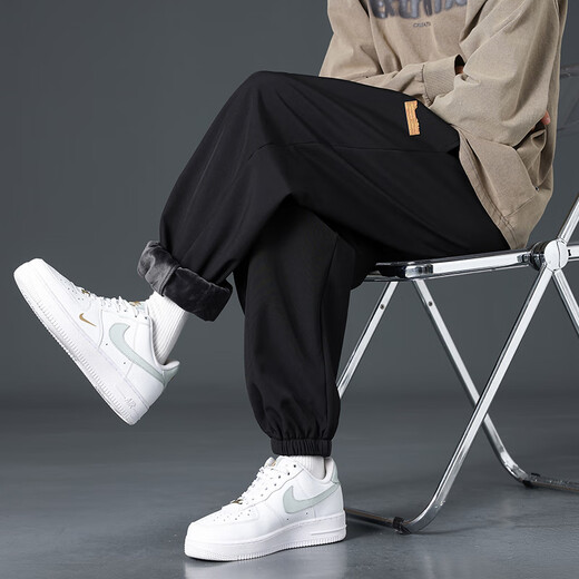 Dingfengbaoluo warm casual pants men's autumn and winter heavyweight velvet thickened ankle windproof fashionable sanitary trousers DFK42 black 3XL