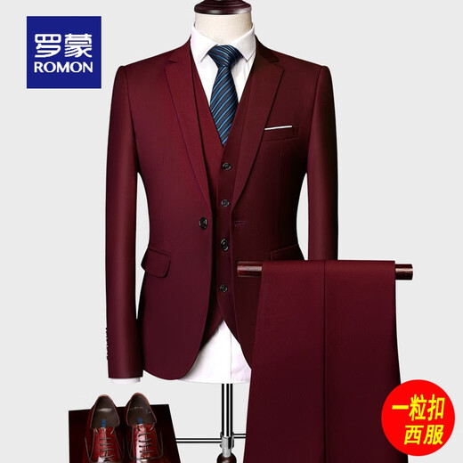 ROMON men's suit three-piece flat lapel red professional business slim suit groomsmen and groom wedding dress burgundy two-button suit + vest + pants 3XL