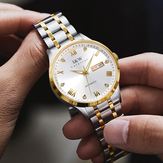 I/W Carnival Hwguoji Swiss berühmte Uhr Top Ten Marken Herren -Automatik mechanische Uhr Importierte Bewegung Doppelkalender Luminöser wasserdichte Uhr Aiwochi Jin Steel Band Weißer Boden + gleiches Modell + Exquisite Geschenkbox [679]