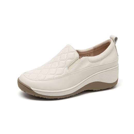 SATCHI Women's Shoes Cow Leather Wedge Platform Slip-on Thick-soled Heighten Single Shoes Versatile Casual Shoes Off-White (14C16047150) 36 (230mm)