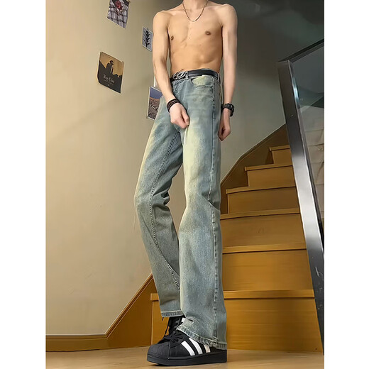 迪伽达美式高街cleanfit复古蓝牛仔裤男秋冬季直筒修身vibe裤子高腰微喇 GY-3026蓝色 XL