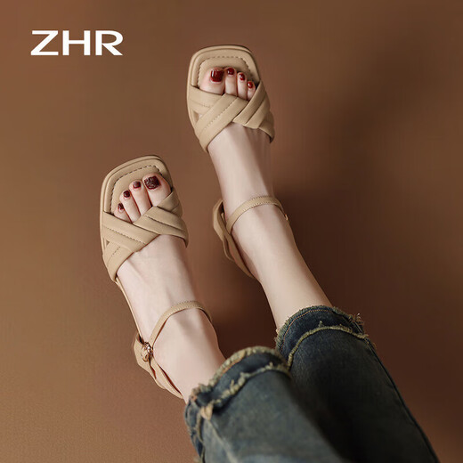 ZHR凉鞋女夏季优雅一字带粗跟女鞋温柔纯色高跟鞋子女 Y683 杏色 38 