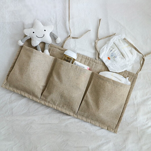 Round cotton and linen fabric baby playpen bedside storage hanging bag baby bedside diapers diaper toy storage bag two-port storage