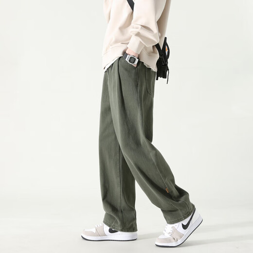 Dingfengbaoluo casual trousers pure cotton loose straight pants autumn wide-leg workwear pants men HM9901 military green XL
