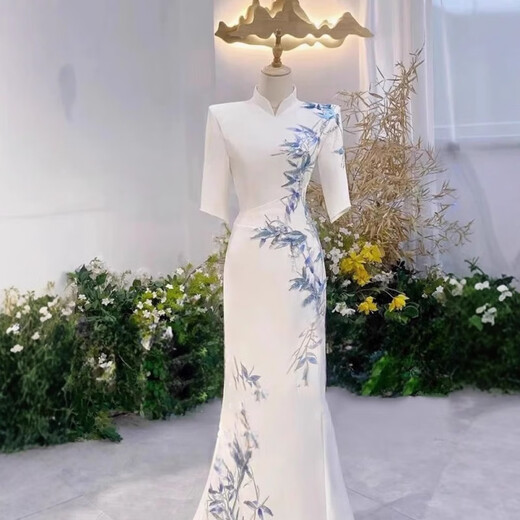 Wenmi Music Student Art Examination Dress Women's Satin Light Luxury Niche New Chinese Style White Waist Long Evening Vocal Performance Guzheng White S