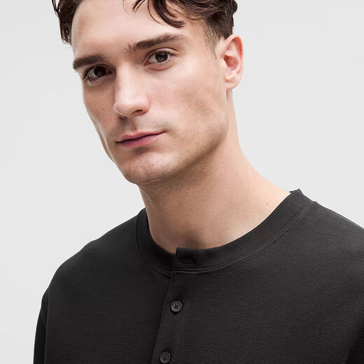 Lululemon Textured Henley Men's Henley Shirt Cotton Blend Soft Breathable Long Sleeve Pullover Black/Black XS