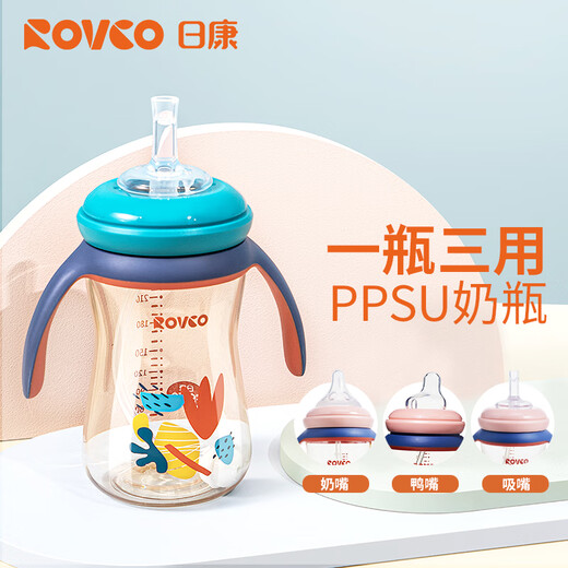 
Rikang (rikang) baby straw bottle PPSU wide mouth bottle duckbill cup 270ml N1047-1 Haiqinglan
