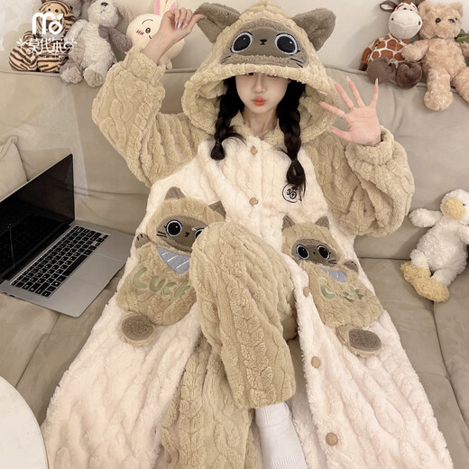 Modal Coral Velvet Pajamas Women's Autumn and Winter Cartoon Bestie Pajamas Set Thickened and Warm 24 New Home Clothes Khaki One Size