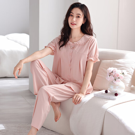 clolv kiss pajamas with chest pad for women for summer pure cotton thin cardigan short-sleeved trousers soft and comfortable suit home clothes can be worn outside 692 soft powder (with chest pad) 2XL [170-175cm/140-165Jin[Jin equals 0.5 kg]]