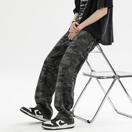 Homlean amouflage jeans jeans jeans Men's Awumn Loose American Mardy Brand Прямые повседневные длинные брюки HS42 Camouflage Black XL