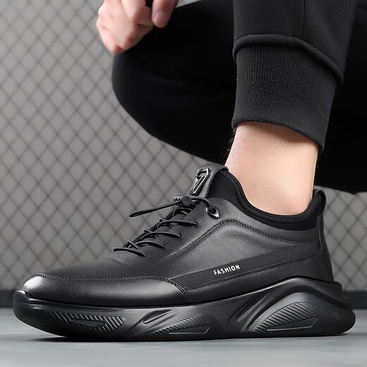 GENAI New Genuine Leather Sports Shoes Men's Casual Shoes Casual Leather Shoes Men's Business Shoes Heightening Shoes Trendy Shoes Men's Shoes Black Genuine Leather + Elastic Mouth Four Seasons Trendy Shoes 40 (250mm)