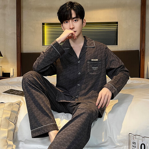 
Modal 2025 new men's pajamas cotton long sleeve spring and autumn thin spring and autumn youth cardigan home clothing set (BBA) men's G693 L (recommended height is about 170, weight is 100~130 Jin [Jin equals 0.5 kg])