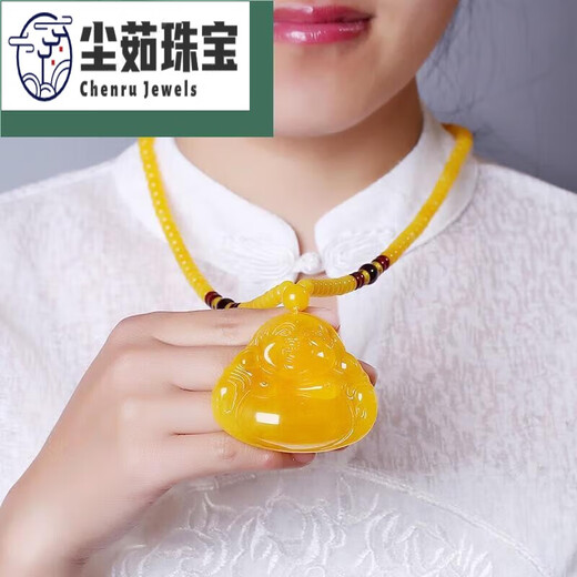 Chenru beeswax Maitreya Buddha pendant safe and sound brand pendant autumn and winter sweater chain retro ethnic Chinese Valentine's Day gift beeswax Maitreya Buddha pendant + pull bead chain with 0g