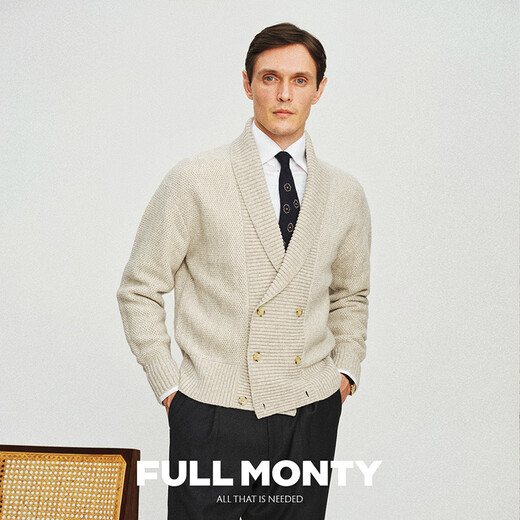 FULL MONTY【青果领双排扣】藏青色休闲毛衣男士针织开衫羊毛外套2024秋冬 驼色8811 S