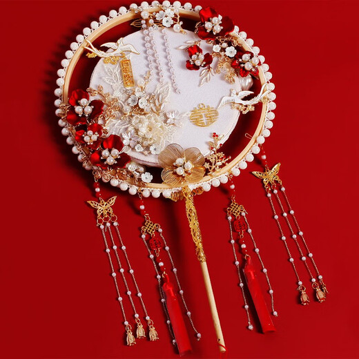 Jinban round fan DIY handmade wedding bride round fan wedding gift gift for newlyweds happy fan double-sided Chinese Xiuhe fan [red round fan] finished product + fan rack + gift box