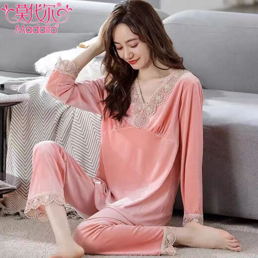 Modal Gold Velvet Pyjamas für Frauen im Frühling und Herbst sexy Spitze Langarm Hosen dünne Samt Winter Home Clothing Zwei -teilige Set -9923 Marineblau -L (100-115jin [Jin gleich 0,5 kg]))