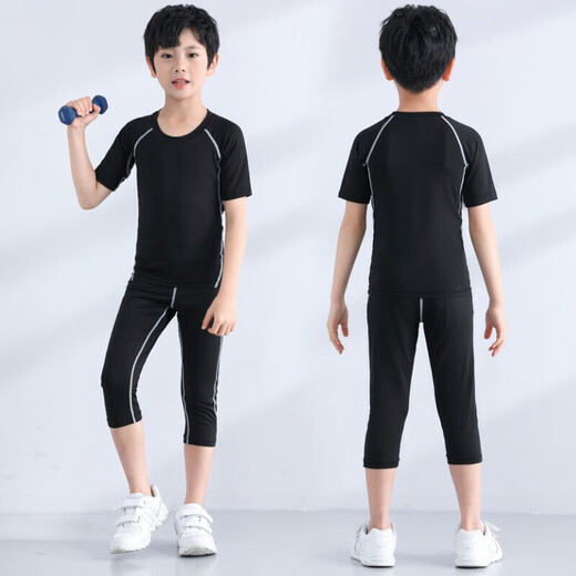 
Children's tights training suit men's running sports short-sleeved suit basketball football quick-drying clothes cropped pants fitness suit YIPAI Yipai all black suit S size (height 160, weight 80 Jin [Jin equals about 0.5 kg])