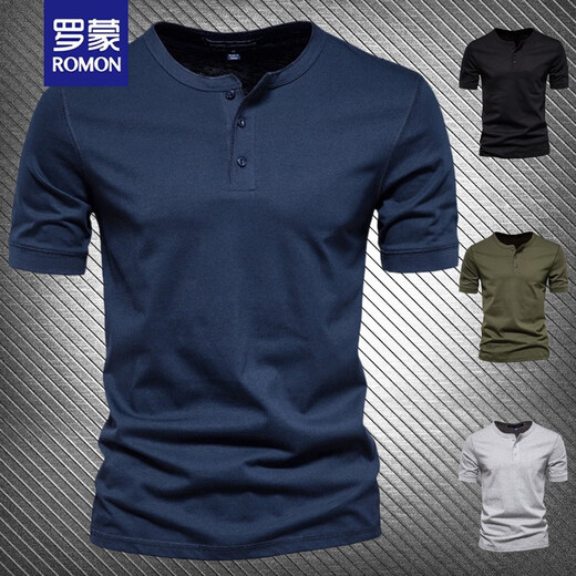 ROMON summer henley shirt men's t-shirt heavyweight cotton American half-sleeved open collar short-sleeved tough guy tops men's bottoming shirt white L 145-160Jin Jin equals 0.5 kg