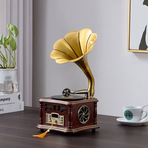 HUIYIZHIYIN retro gramophone speaker all-in-one music player large speaker high-end small audio ornaments vinyl record player red walnut rechargeable non-rotating turntable free U disk