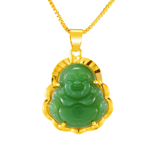 Jianyingsi 9999 gold color jade Buddha necklace gold plated clavicle chain for female couple gold inlaid jade Maitreya Buddha jade pendant simulation 18K plated Maitreya Jade Buddha light green + necklace