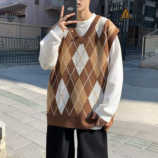 JIAYE 2024 Spring and Autumn Rhombus Grid Candle Knitted Vest Men's Loose Pullover Retro Outer Sleeveless Sweater Vest Coffee XL