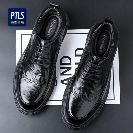 Portures leather shoes men's low-cut lace-up hand-scratch business casual shoes British brogue wedding shoes 2996 black 42