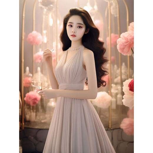 YIJINGXUAN (YIJINGXUAN) Hochwertiger, exquisiter langer Rock im französischen Hepburn-Stil mit einem sanften, süßen und schlankmachenden hellvioletten Neckholder-Kleid für Damen-Sommer-Nachtclub-hellviolettes Kleid M 95-105Jin Jin entspricht 0,5 kg