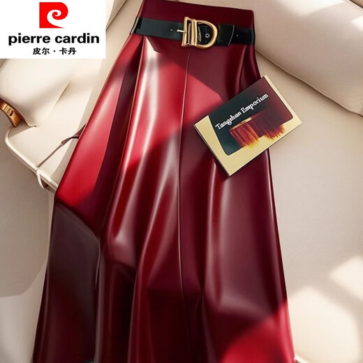 Pierre Cardin (Pierre Cardin) Autumn and Winter 2025 New Large Size PU Leather Skirt Skirt Women's Belly Covering Mid-Length Winter Pleated Skirt A-Line Skirt 5785# Red M