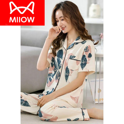 Catman (MiiOW) pure cotton middle-aged and elderly pajamas for women short-sleeved long trousers large-size cardigan thin two-piece lapel home clothes YMY 671 L 100 120Jin [Jin equals 0.5 kg]