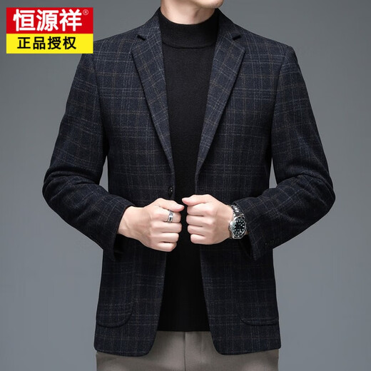 恒源祥春秋装羊毛呢小西装男加厚磨毛格子条纹呢子外套男中年休闲西服 灰色BGW-3 M