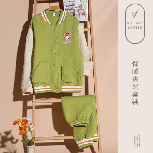 芊之雅（QIANZHIYA）睡衣女生秋冬季加厚纯棉夹层长袖家居服加棉空气棉保暖薄夹棉套装 MFT-15271# 女M/160