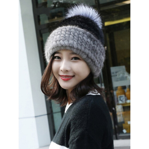Zongchun mink hat for women in winter mink braided warm ear protection mink fur fox fur ball mink Korean style versatile gray one size fits all elastic