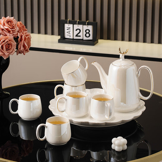 Yanze Light Luxury Wedding Gifts Wedding Gifts for Couples Tea Sets Glass Cups Ceramic Cups Housewarming Gifts Elk Pearlescent Eight-piece Set-Gift Box