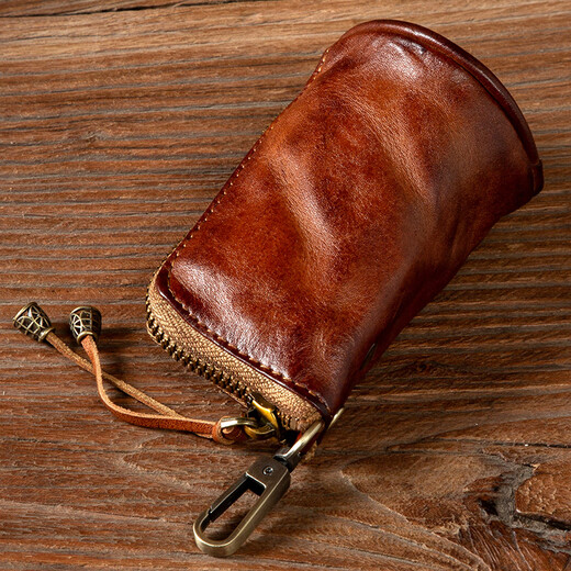 Slow time retro hand-rubbed genuine leather key bag for men and women, multifunctional first-layer cowhide key bag, waist hanging car lock bag, light brown