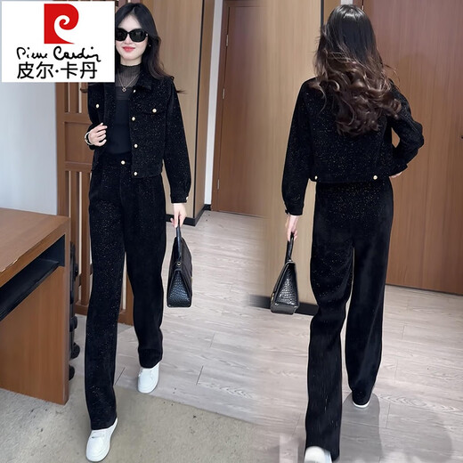 皮尔卡丹（pierre cardin）加绒加厚休闲套装女2025秋冬季新款保暖时尚外套阔腿裤两件套 6198#黑色【春秋款】 XL 【建议110-125斤】
