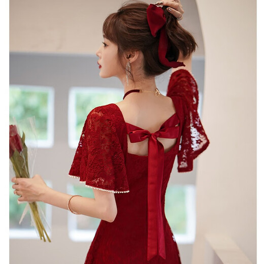 
Lankaroni Lankaroni toast suit bride can wear wedding engagement dress return small evening dress lace burgundy medium length 2XL