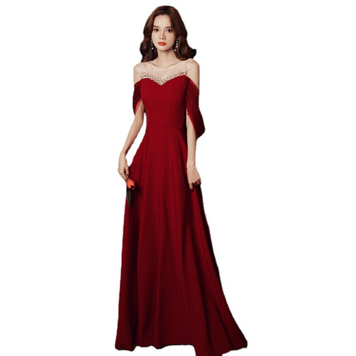 
Toasting clothes, bride dress, slim toasting clothes, bride 2022 red long slim and simple atmospheric wedding evening dress, spring bridal dress, toasting clothes, usual wine red L