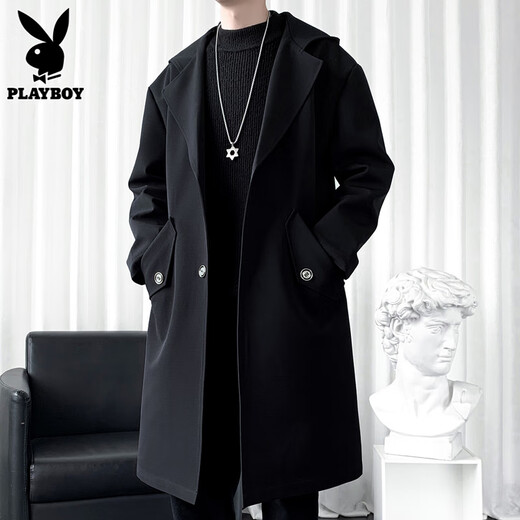 Playboy Windbreaker Men's Mid-Length Coat Men's Casual Trendy Brand Tops 2026 New Loose Jacket Men 847 Black S Recommended 70-90Jin Jin equals 0.5 kg