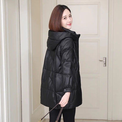 Yunqi Qianqiu Haining genuine leather down jacket women's mid-length 2025 winter new casual hooded sheepskin leather jacket black M recommended 100-115Jin Jin equals 0.5 kg