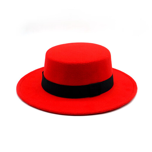 Orange Tart Retro British Style Black Ribbon Flat Top Hat Hepburn Gentleman Jazz Hat Flat Brim Woolen Wide Brim Men's and Women's Hat Flat Top Black One Size
