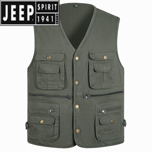 Jeep middle-aged pure cotton multi-pocket vest for men in spring and autumn, dad's casual vest, fishing vest, large size military green - zipper style (cotton lining) 4XL (recommended 180-195Jin [Jin equals 0.5kg])