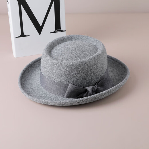 Zunti hat women's autumn and winter wool woolen hat rolled edge flat top retro bow British versatile casual fashion hat gray one size