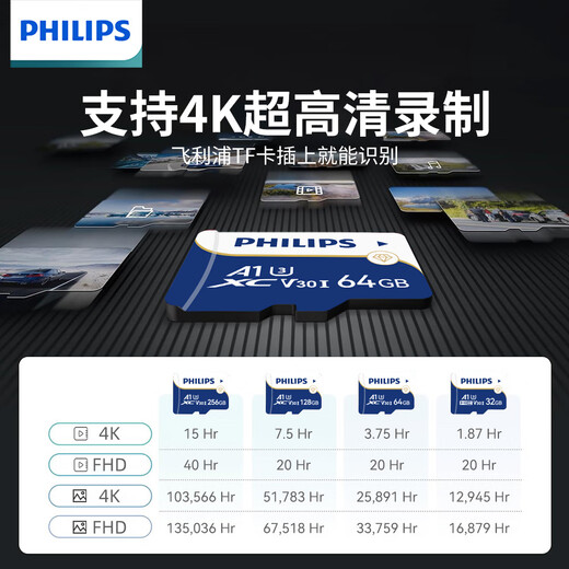 Philips (Philips) 64GB TF (MicroSD) Tarjeta de memoria A1 4K V30 U3 Cámara duradera de alta velocidad Monitoreo Memoria Velocidad de lectura 130 MB/s